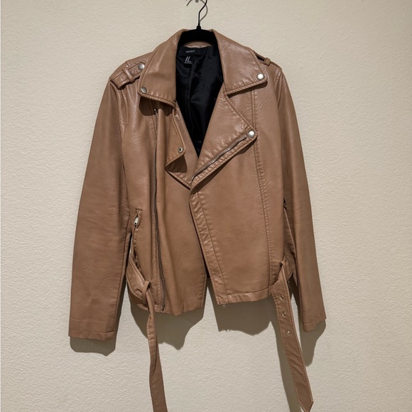 Forever 21 Tan Leather Moto Jacket with Belted Waist - Picture 2 of 4